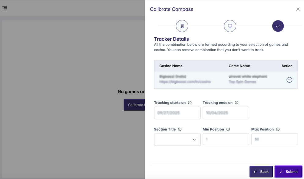 Tracker details of Calibrate in IGamingCompass